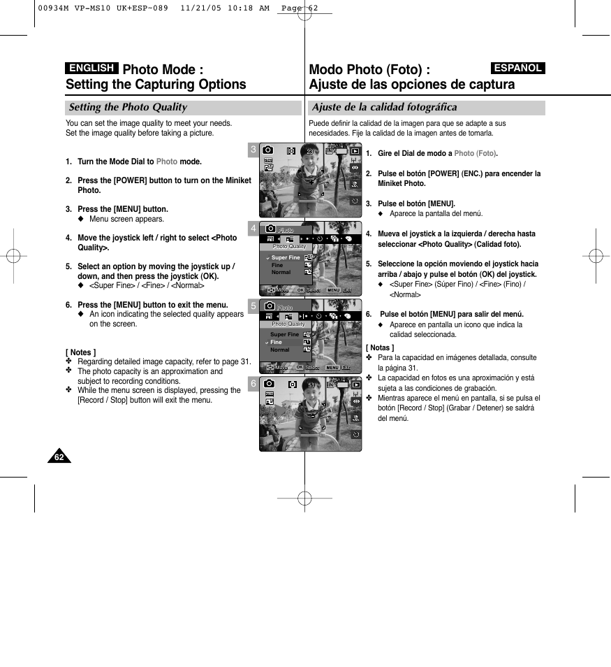 Photo mode : setting the capturing options, Ajuste de la calidad fotográfica, Setting the photo quality | English español | Samsung VP - MS15(R) User Manual | Page 63 / 158