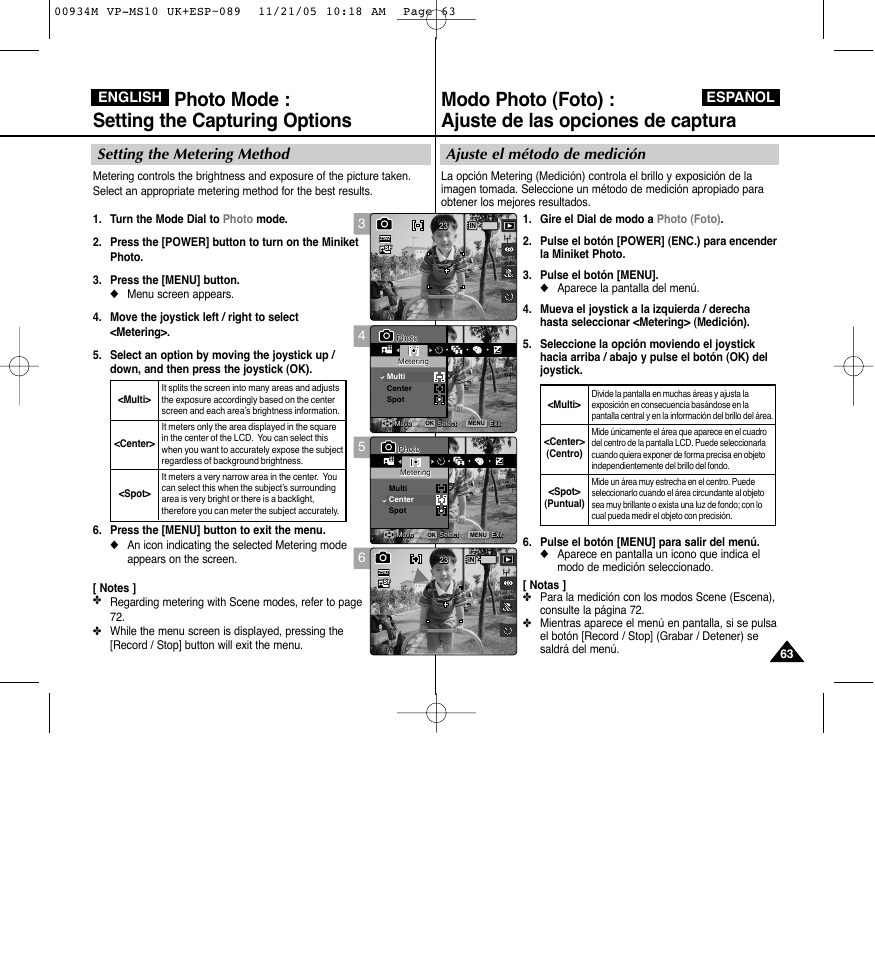Photo mode : setting the capturing options, Ajuste el método de medición, Setting the metering method | English español | Samsung VP - MS15(R) User Manual | Page 64 / 158