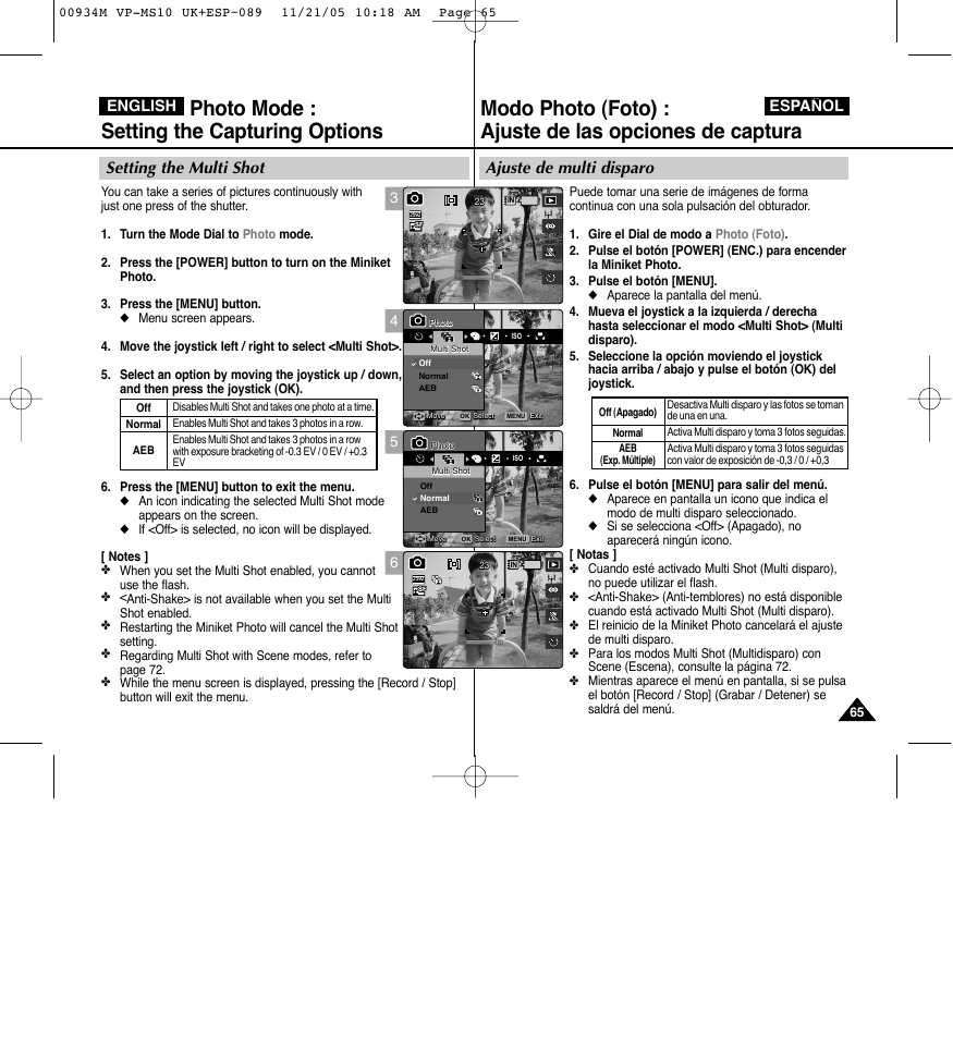 Photo mode : setting the capturing options, Ajuste de multi disparo, Setting the multi shot | English español | Samsung VP - MS15(R) User Manual | Page 66 / 158