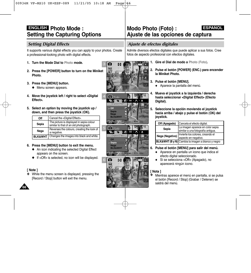 Photo mode : setting the capturing options, Ajuste de efectos digitales, Setting digital effects | English español | Samsung VP - MS15(R) User Manual | Page 67 / 158