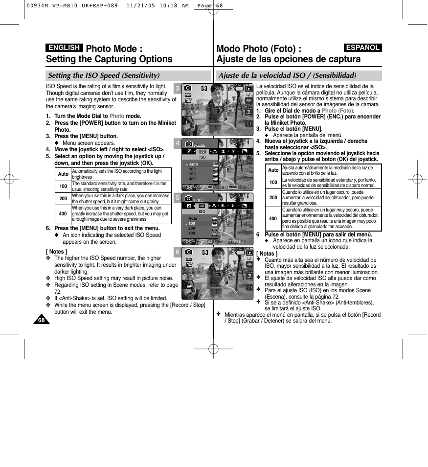 Photo mode : setting the capturing options, Ajuste de la velocidad iso / (sensibilidad), Setting the iso speed (sensitivity) | English español | Samsung VP - MS15(R) User Manual | Page 69 / 158