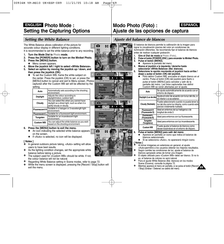 Photo mode : setting the capturing options, Ajuste del balance de blancos, Setting the white balance | English español | Samsung VP - MS15(R) User Manual | Page 70 / 158