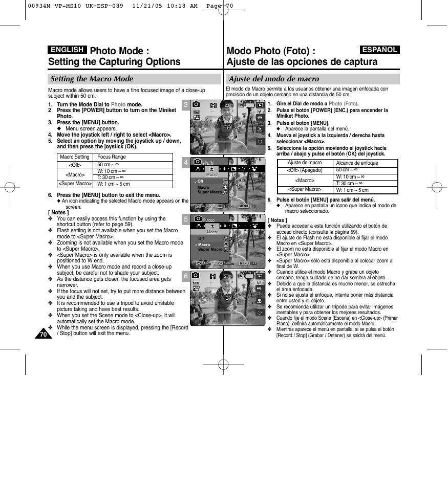 Photo mode : setting the capturing options, Ajuste del modo de macro, Setting the macro mode | English español | Samsung VP - MS15(R) User Manual | Page 71 / 158