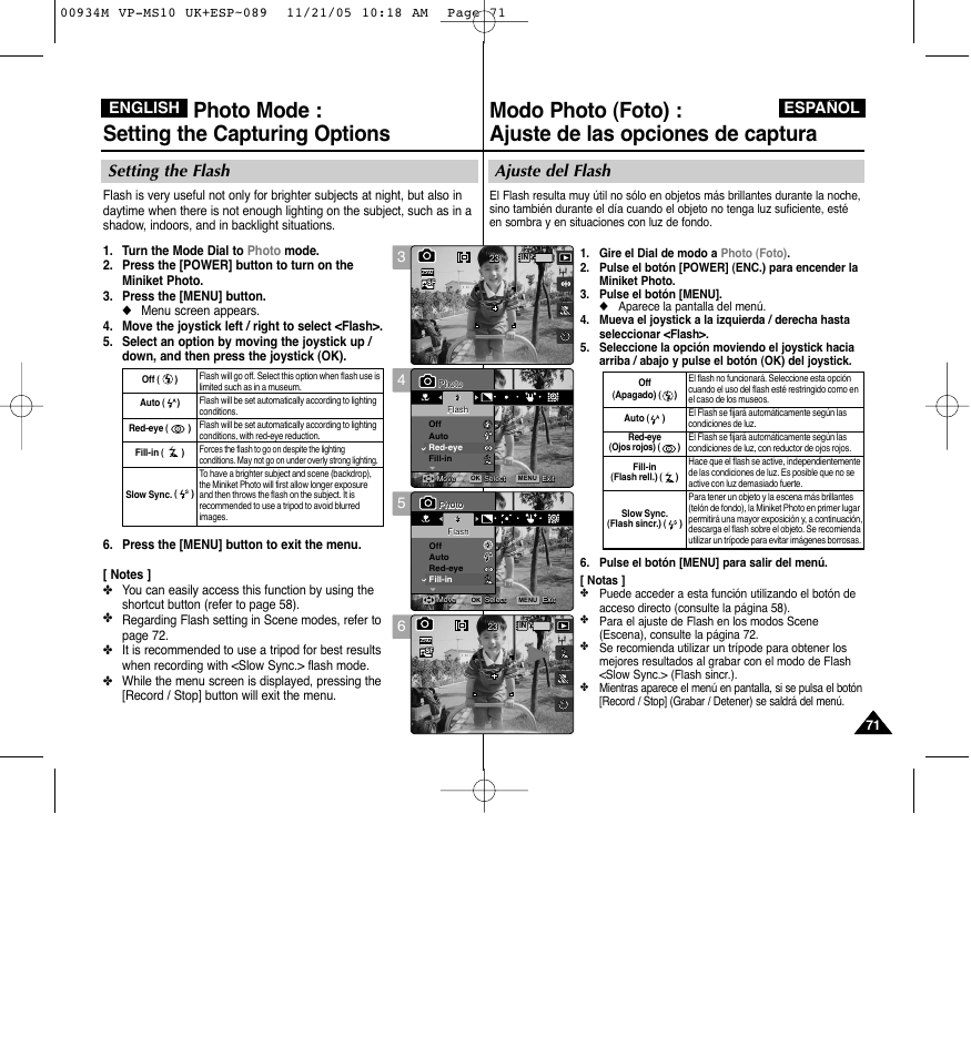 Photo mode : setting the capturing options, Ajuste del flash, Setting the flash | English español | Samsung VP - MS15(R) User Manual | Page 72 / 158