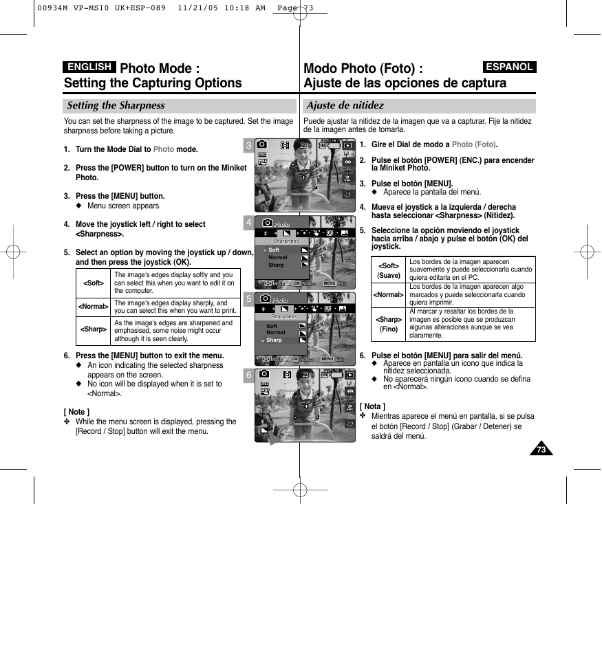 Photo mode : setting the capturing options, Ajuste de nitidez, Setting the sharpness | English español | Samsung VP - MS15(R) User Manual | Page 74 / 158