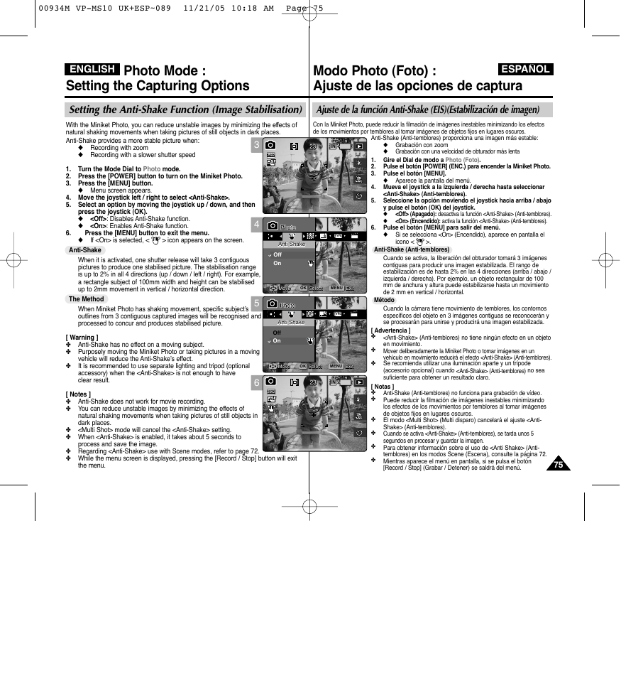 Photo mode : setting the capturing options, English español | Samsung VP - MS15(R) User Manual | Page 76 / 158