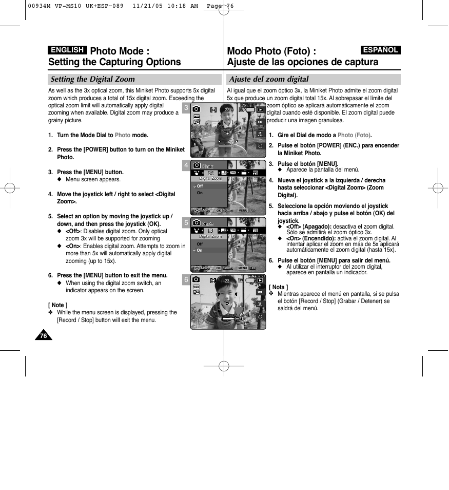 Photo mode : setting the capturing options, Ajuste del zoom digital, Setting the digital zoom | English español | Samsung VP - MS15(R) User Manual | Page 77 / 158