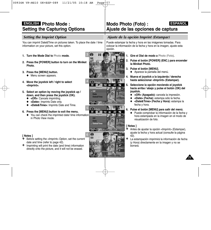 Photo mode : setting the capturing options, Ajuste de la opción imprint (estampar), Setting the imprint option | English español | Samsung VP - MS15(R) User Manual | Page 78 / 158