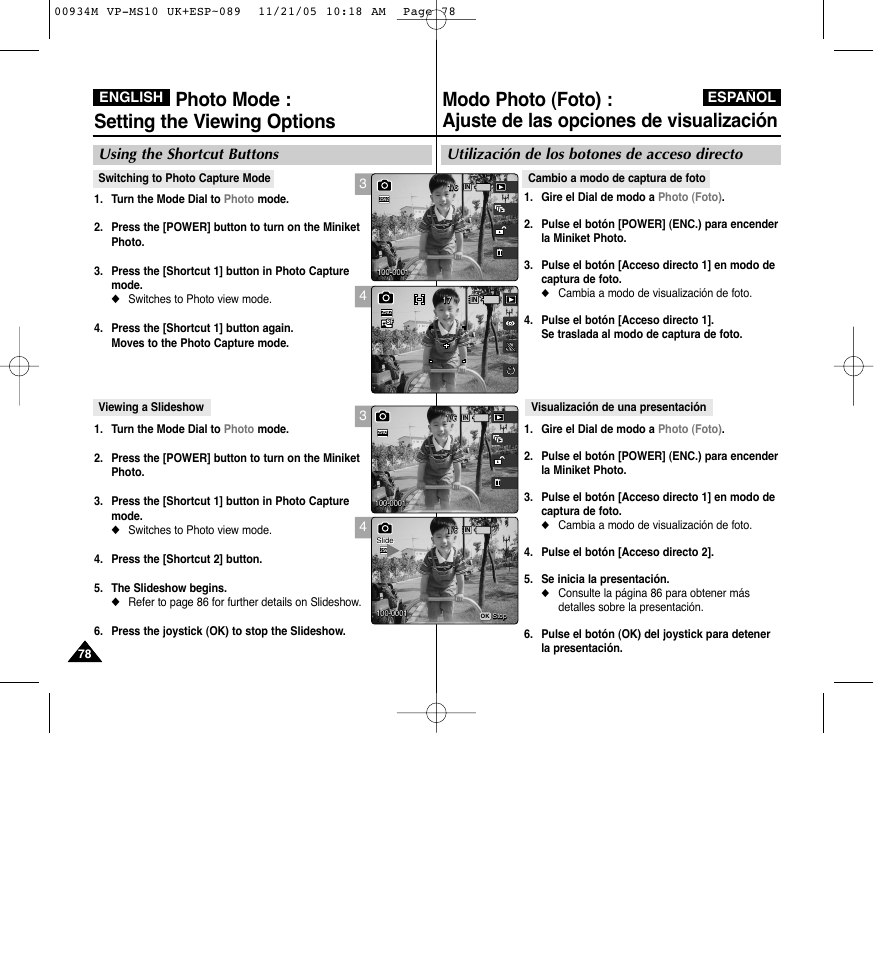 Photo mode : setting the viewing options, Utilización de los botones de acceso directo, Using the shortcut buttons | Samsung VP - MS15(R) User Manual | Page 79 / 158