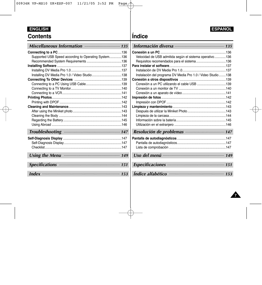 Contents índice | Samsung VP - MS15(R) User Manual | Page 8 / 158