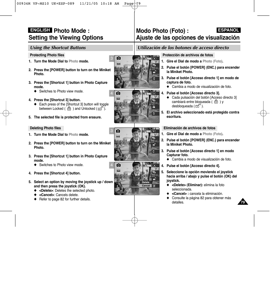 Photo mode : setting the viewing options, Utilización de los botones de acceso directo, Using the shortcut buttons | Samsung VP - MS15(R) User Manual | Page 80 / 158