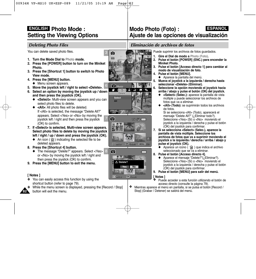 Photo mode : setting the viewing options, Eliminación de archivos de fotos, Deleting photo files | English español | Samsung VP - MS15(R) User Manual | Page 83 / 158