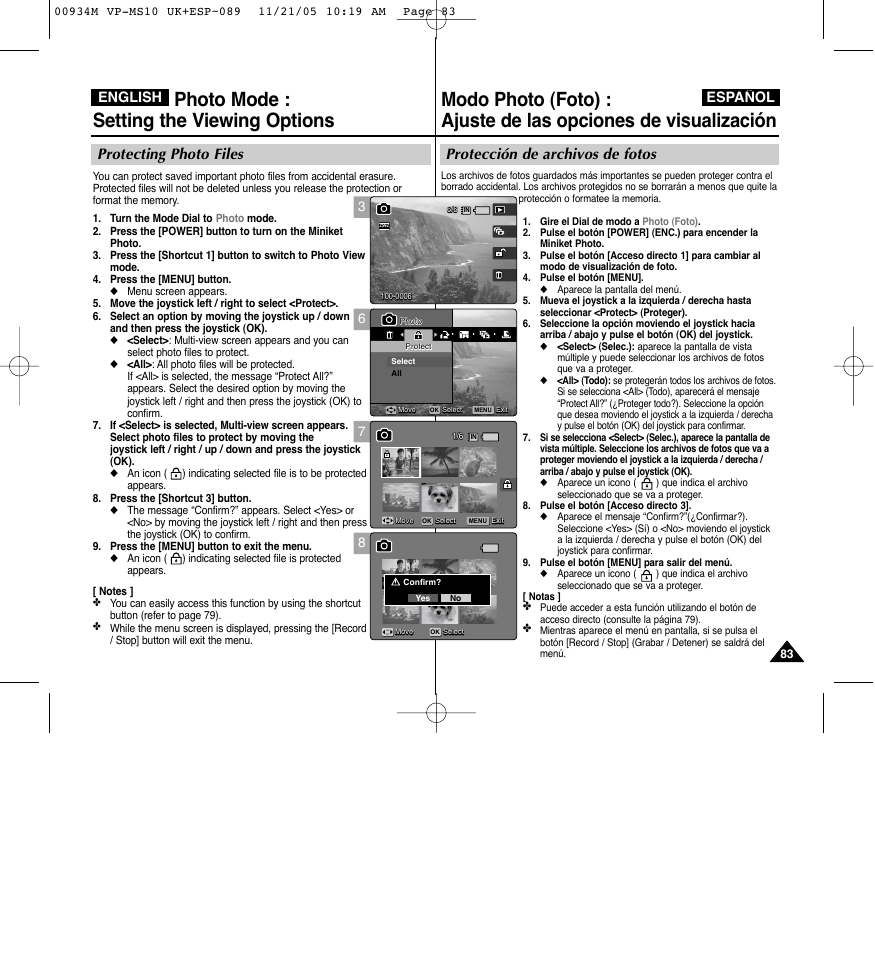 Photo mode : setting the viewing options, Protección de archivos de fotos, Protecting photo files | English español | Samsung VP - MS15(R) User Manual | Page 84 / 158