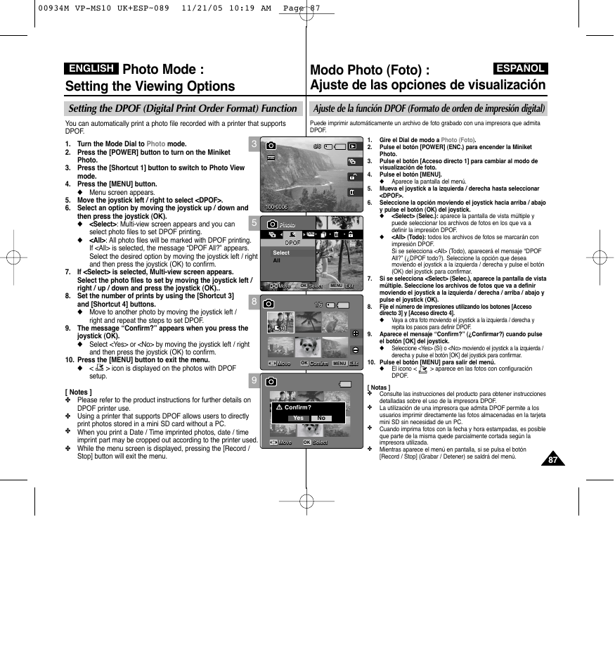 Photo mode : setting the viewing options, English español | Samsung VP - MS15(R) User Manual | Page 88 / 158