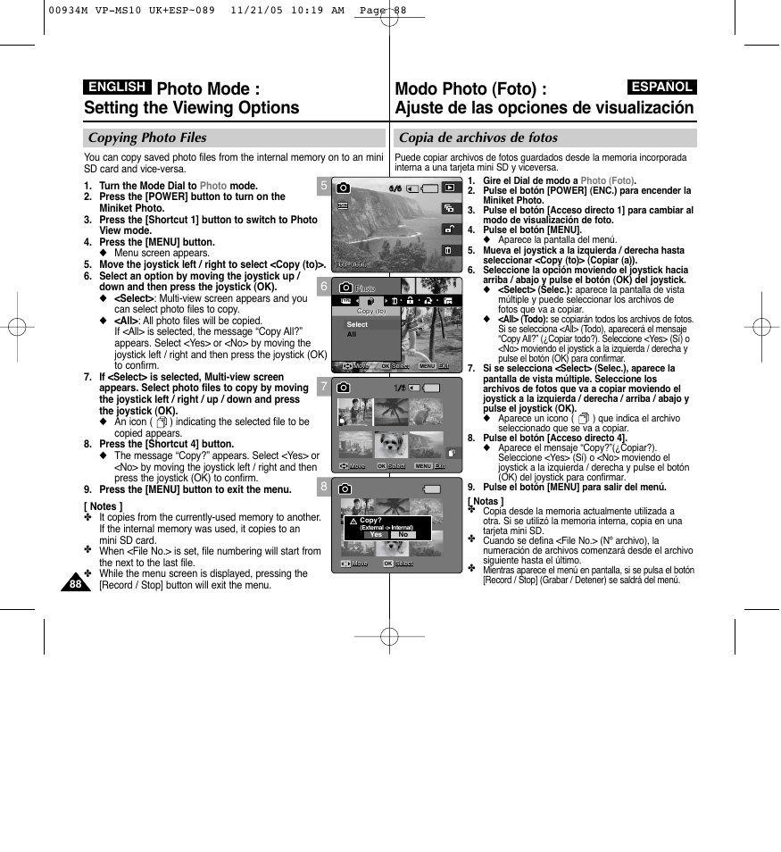 Photo mode : setting the viewing options, Copia de archivos de fotos, Copying photo files | English español | Samsung VP - MS15(R) User Manual | Page 89 / 158