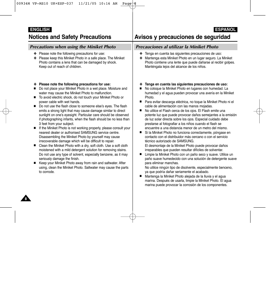 Avisos y precauciones de seguridad, Notices and safety precautions, Precauciones al utilizar la miniket photo | Precautions when using the miniket photo | Samsung VP - MS15(R) User Manual | Page 9 / 158