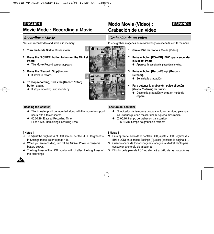 Modo movie (video) : grabación de un vídeo, Movie mode : recording a movie, Grabación de un vídeo | Recording a movie, English español | Samsung VP - MS15(R) User Manual | Page 91 / 158