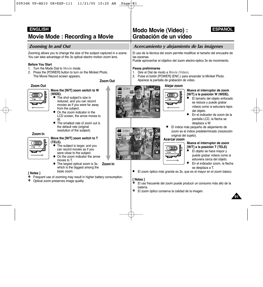 Modo movie (video) : grabación de un vídeo, Movie mode : recording a movie, Acercamiento y alejamiento de las imágenes | Zooming in and out, Español, English | Samsung VP - MS15(R) User Manual | Page 92 / 158