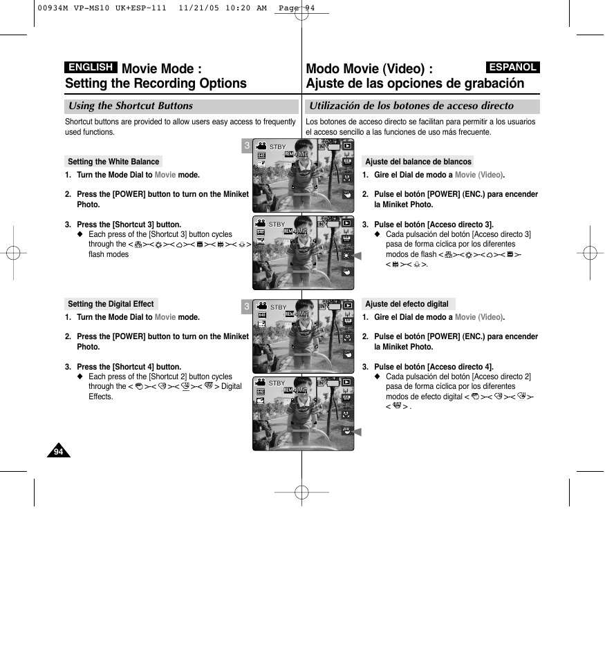 Movie mode : setting the recording options, Utilización de los botones de acceso directo, Using the shortcut buttons | English español | Samsung VP - MS15(R) User Manual | Page 95 / 158