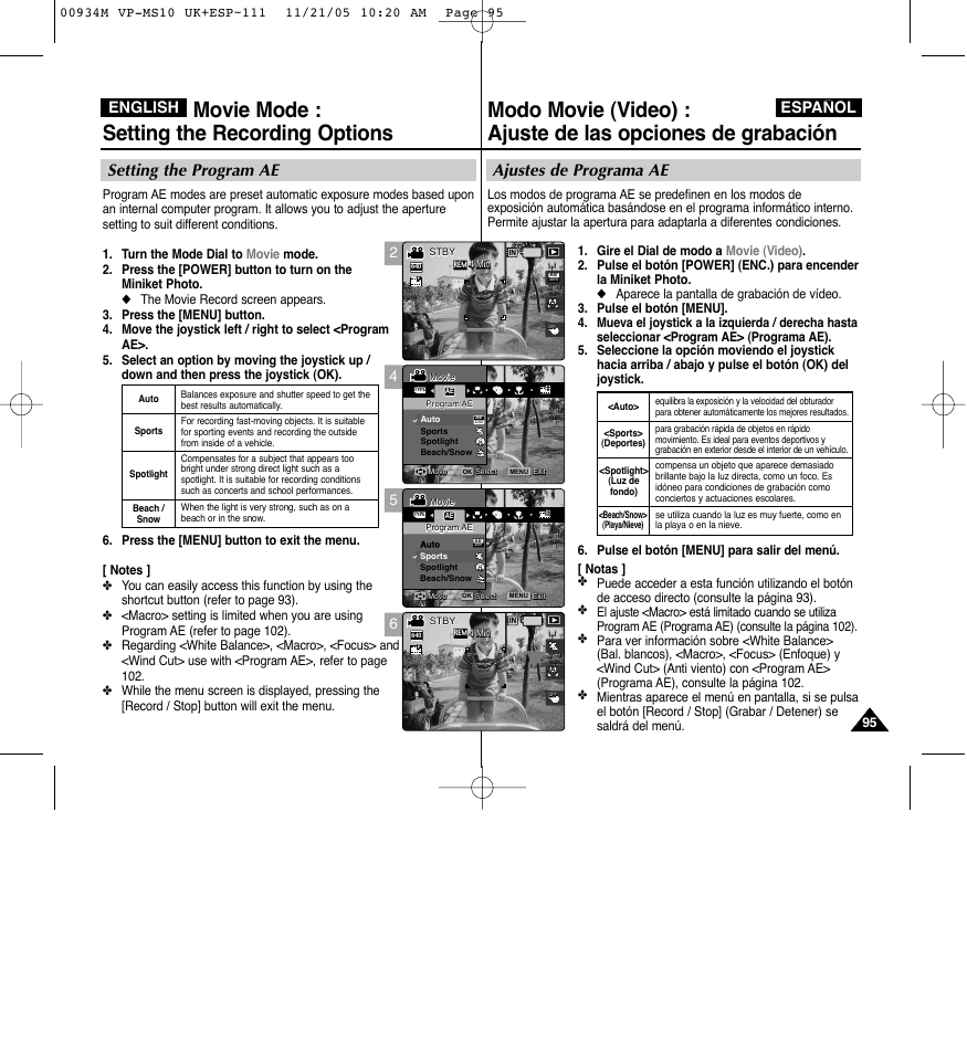 Movie mode : setting the recording options, Ajustes de programa ae, Setting the program ae | English español | Samsung VP - MS15(R) User Manual | Page 96 / 158