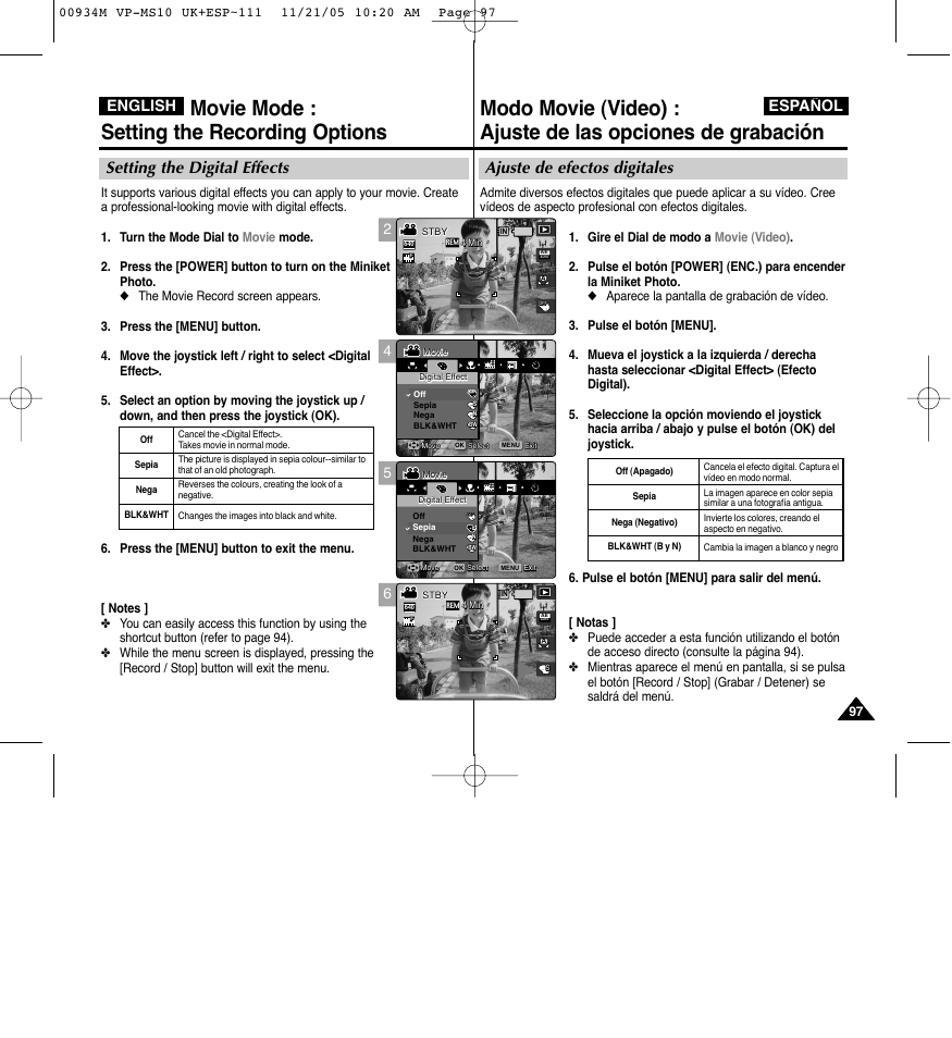 Movie mode : setting the recording options, Ajuste de efectos digitales, Setting the digital effects | English español | Samsung VP - MS15(R) User Manual | Page 98 / 158