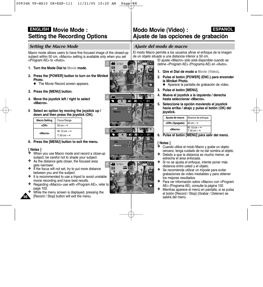 Movie mode : setting the recording options, Setting the macro mode, Ajuste del modo de macro | Español english | Samsung VP - MS15(R) User Manual | Page 99 / 158