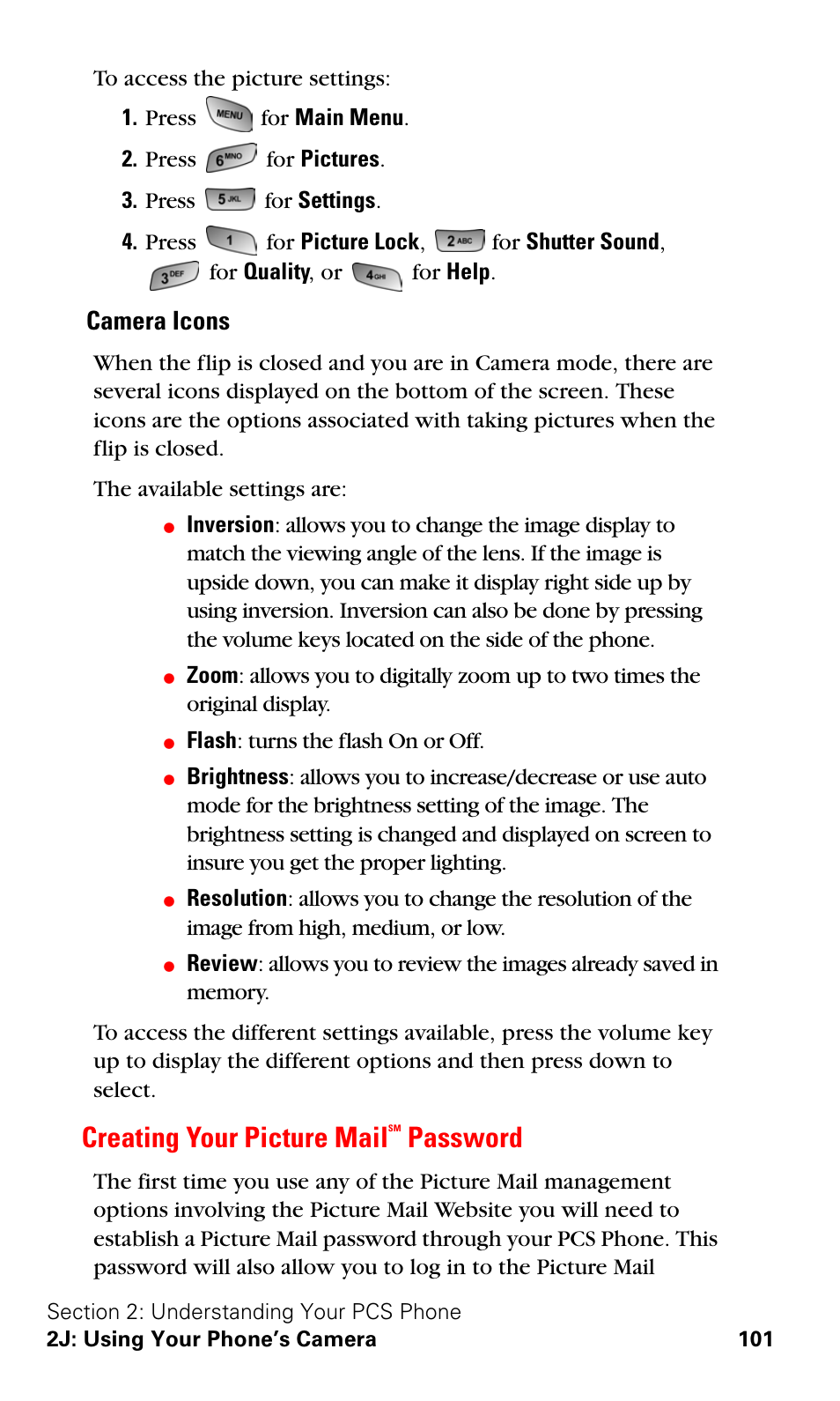 Creating your picture mailsm password, Creating your picture mail, Password | Camera icons | Samsung A600 User Manual | Page 111 / 186