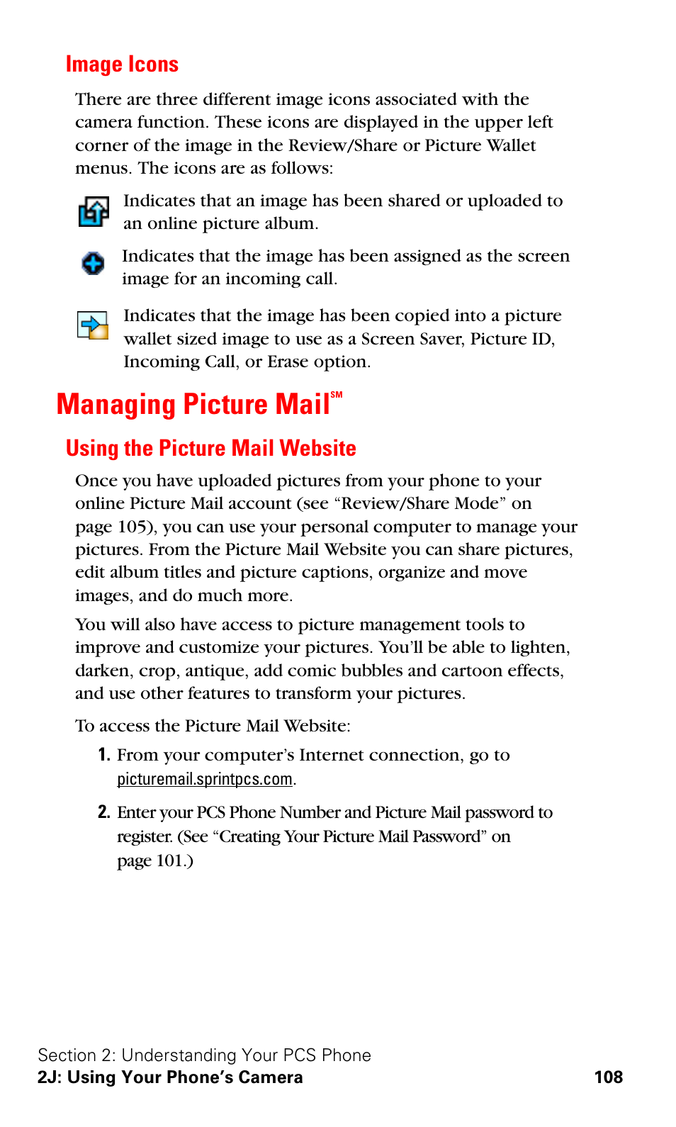 Image icons, Managing picture mailsm, Using the picture mail website | Managing picture mail | Samsung A600 User Manual | Page 118 / 186