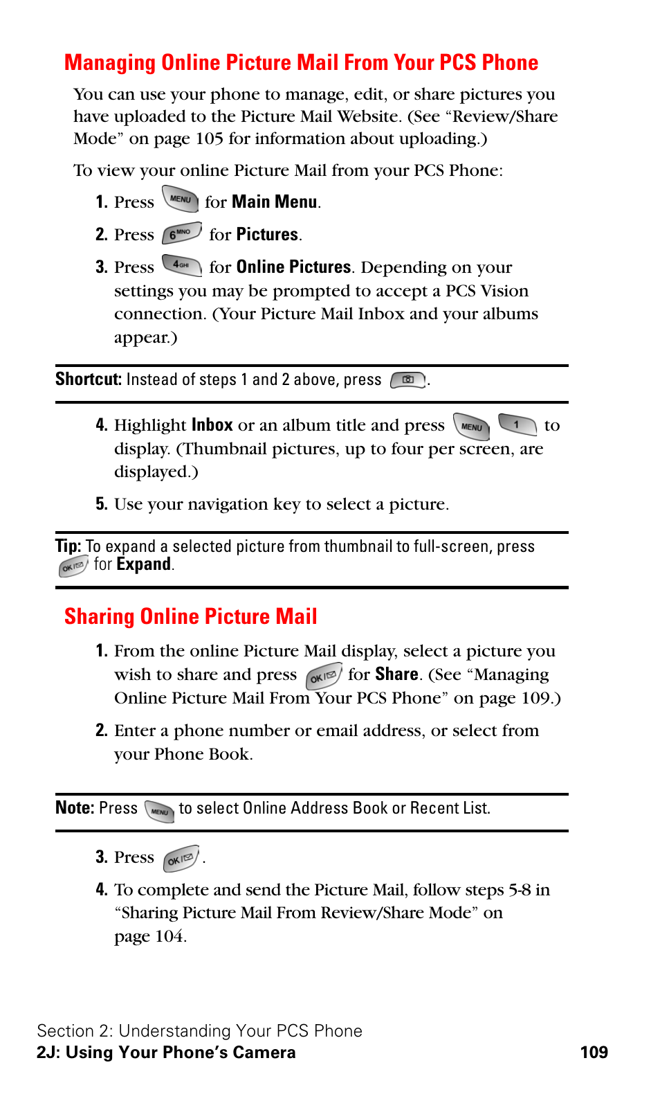 Managing online picture mail from your pcs phone, Sharing online picture mail | Samsung A600 User Manual | Page 119 / 186