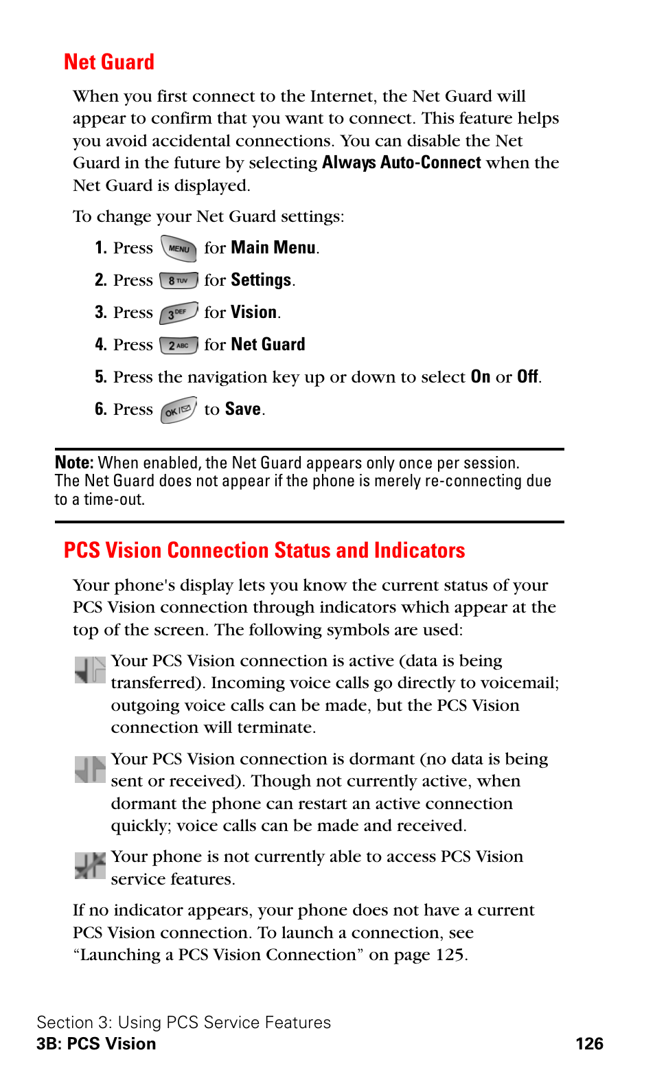Net guard, Pcs vision connection status and indicators | Samsung A600 User Manual | Page 136 / 186