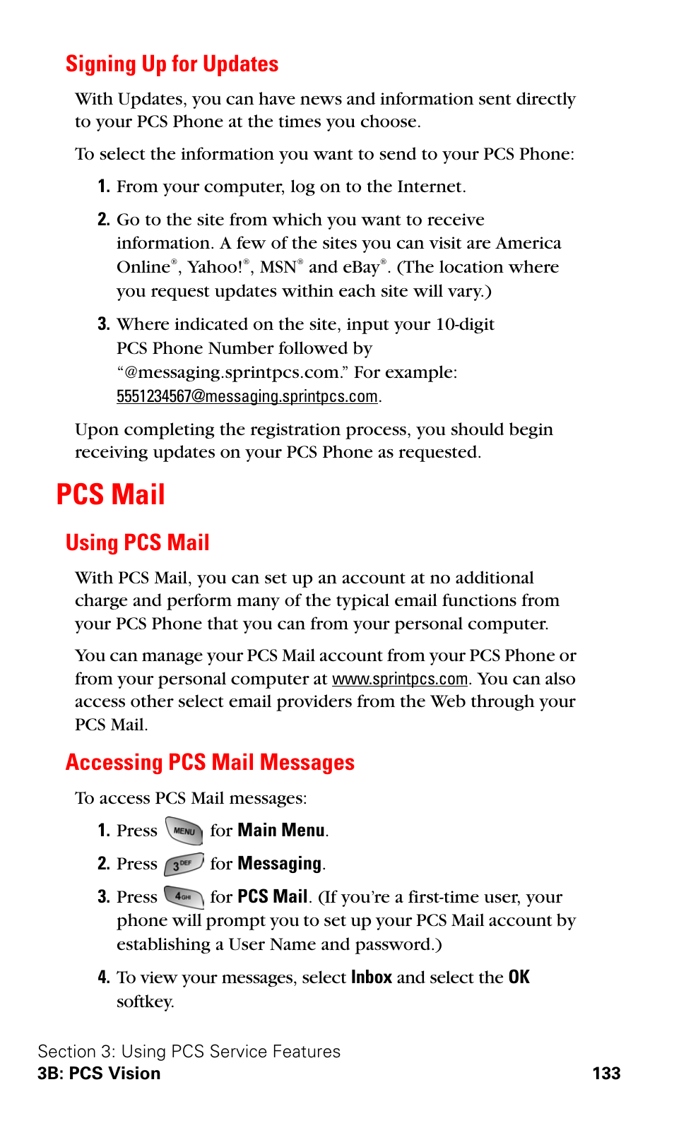 Signing up for updates, Pcs mail, Using pcs mail | Accessing pcs mail messages, Using pcs mail accessing pcs mail messages | Samsung A600 User Manual | Page 143 / 186