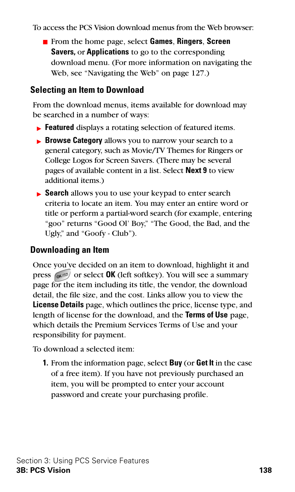 Selecting an item to download, Downloading an item | Samsung A600 User Manual | Page 148 / 186