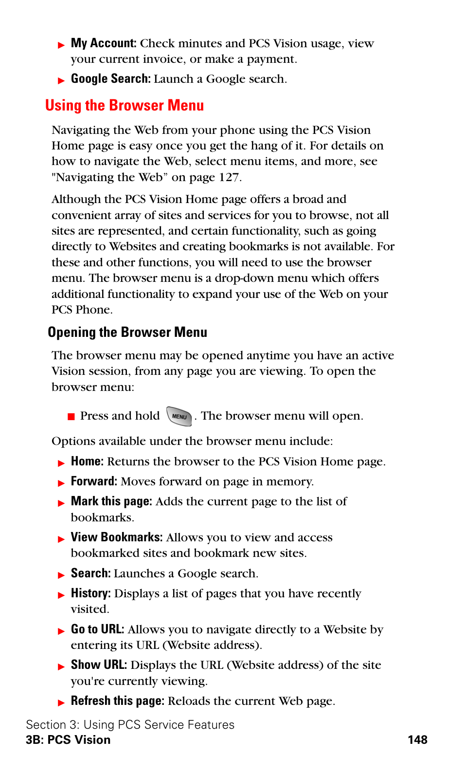 Using the browser menu, Opening the browser menu, Google search: launch a google search | Search: launches a google search, Refresh this page: reloads the current web page | Samsung A600 User Manual | Page 158 / 186