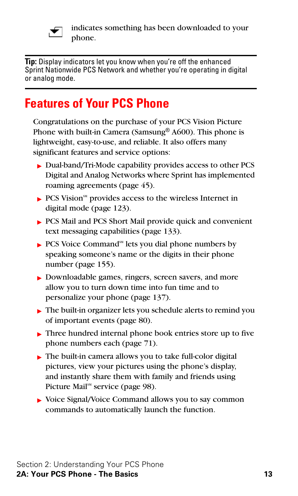 Features of your pcs phone, Pcs vision, Pcs voice command | Service ( page 98) | Samsung A600 User Manual | Page 23 / 186