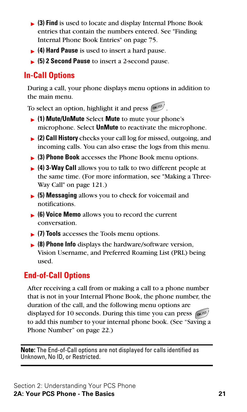 In-call options, End-of-call options, In-call options end-of-call options | 4) hard pause is used to insert a hard pause, 5) 2 second pause to insert a 2-second pause, 3) phone book accesses the phone book menu options, 7) tools accesses the tools menu options | Samsung A600 User Manual | Page 31 / 186