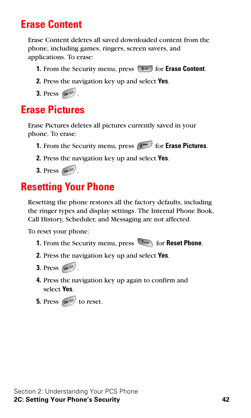 Erase content, Erase pictures, Resetting your phone | Erase content erase pictures resetting your phone | Samsung A600 User Manual | Page 52 / 186