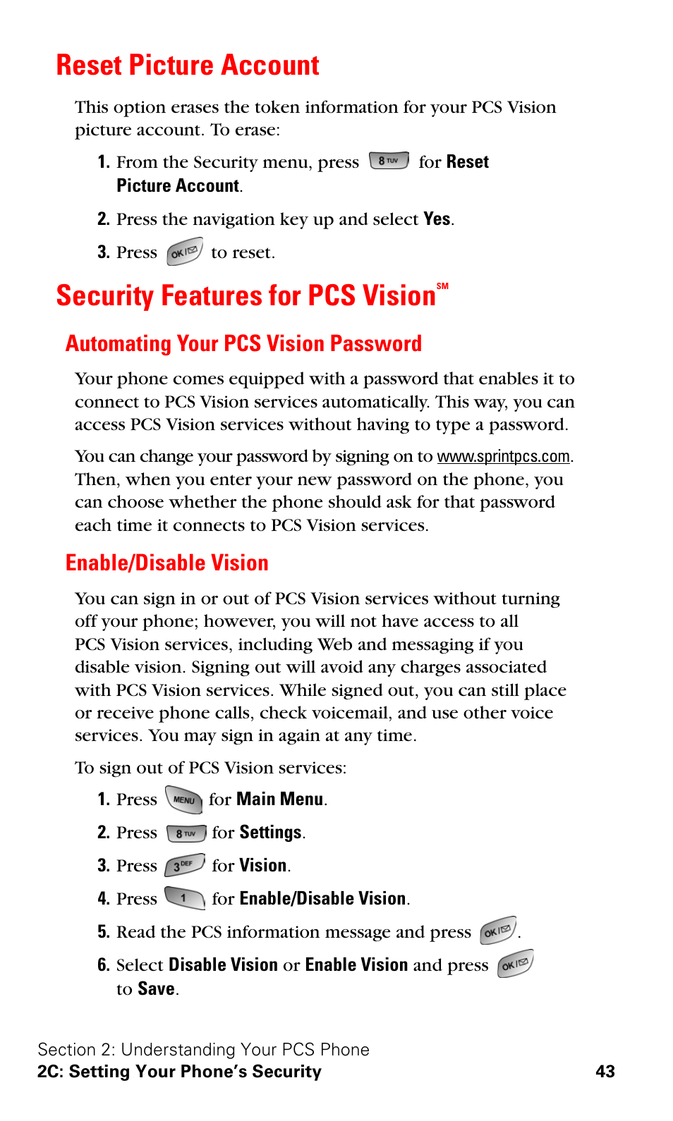 Reset picture account, Security features for pcs visionsm, Automating your pcs vision password | Enable/disable vision, Security features for pcs vision | Samsung A600 User Manual | Page 53 / 186