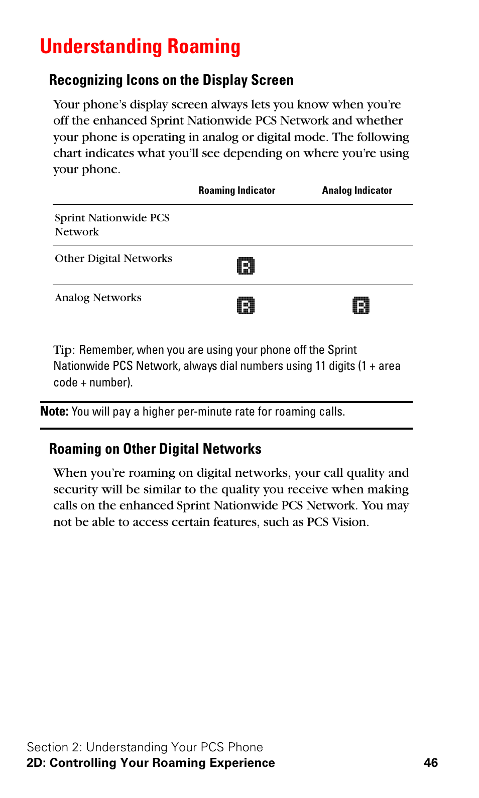 Understanding roaming, Recognizing icons on the display screen, Roaming on other digital networks | Samsung A600 User Manual | Page 56 / 186