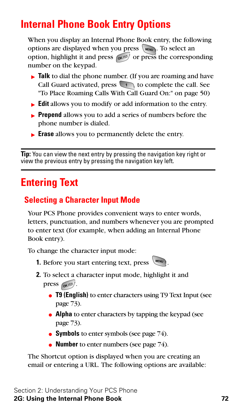 Internal phone book entry options, Entering text, Selecting a character input mode | Internal phone book entry options entering text | Samsung A600 User Manual | Page 82 / 186