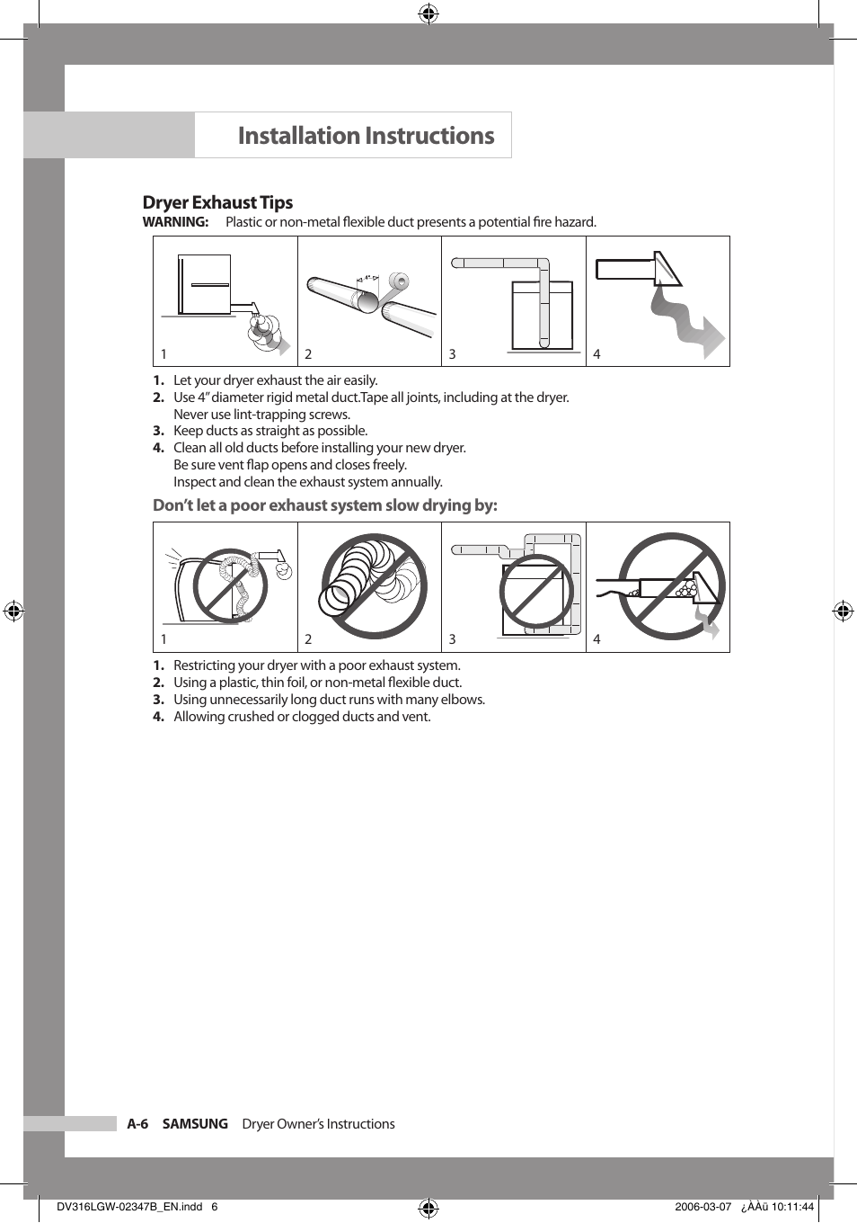 Installation instructions, Dryer exhaust tips | Samsung DC68-02347B-EN User Manual | Page 10 / 28