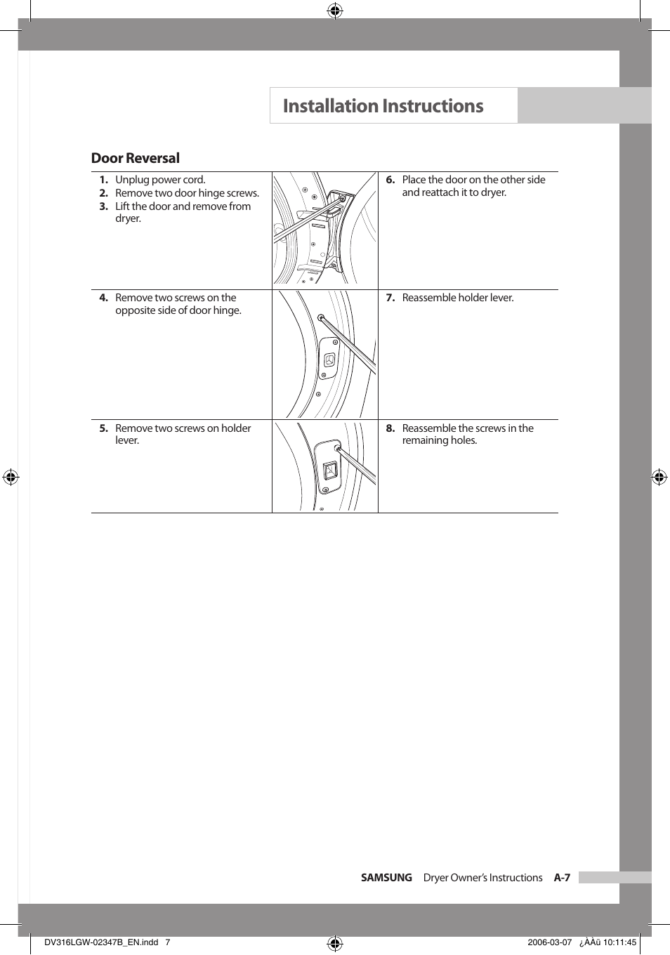 Installation instructions, Door reversal | Samsung DC68-02347B-EN User Manual | Page 11 / 28
