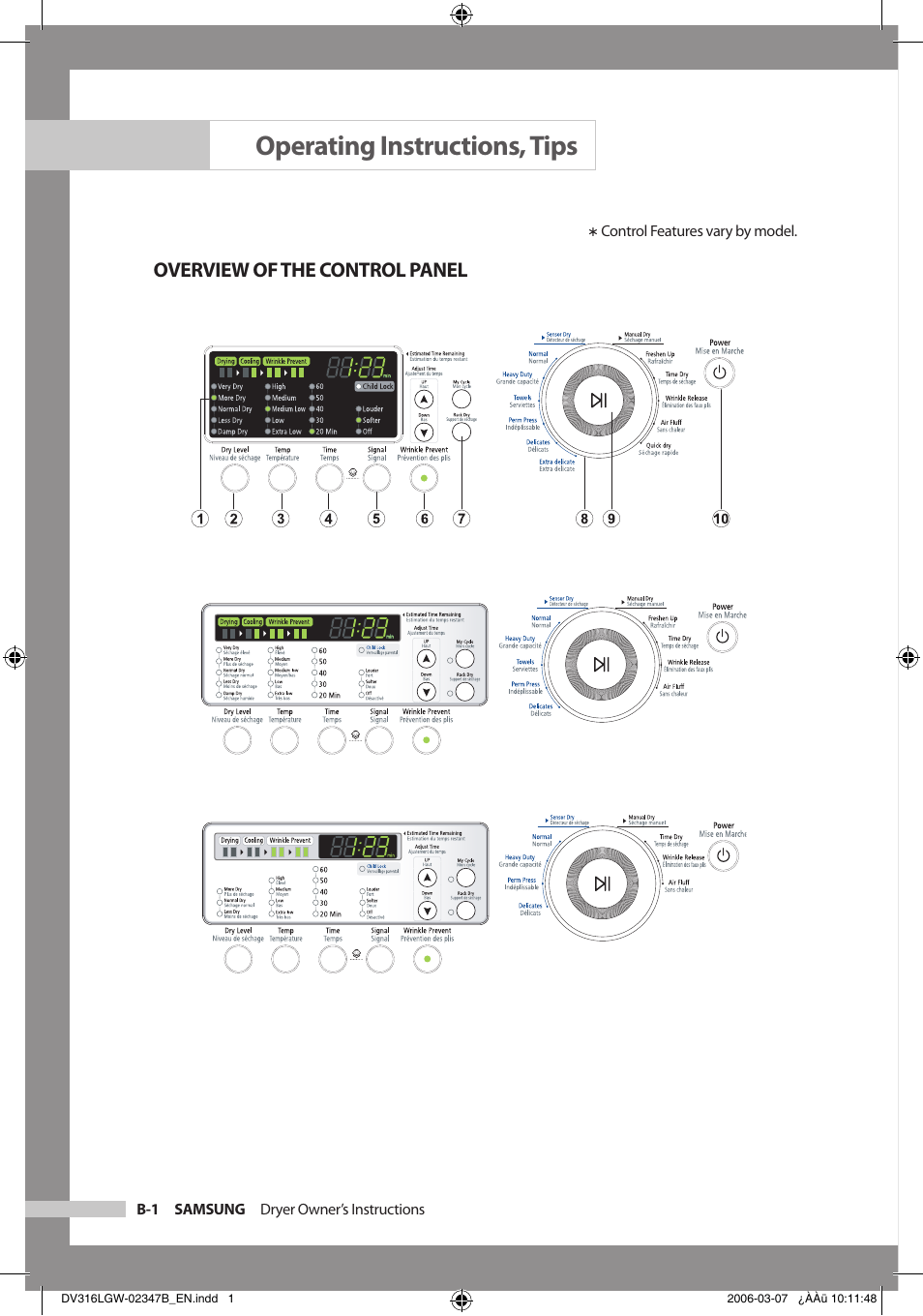 Operating instructions, tips, Overview of the control panel | Samsung DC68-02347B-EN User Manual | Page 12 / 28