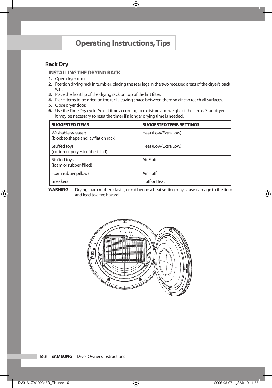 Operating instructions, tips, Rack dry | Samsung DC68-02347B-EN User Manual | Page 16 / 28