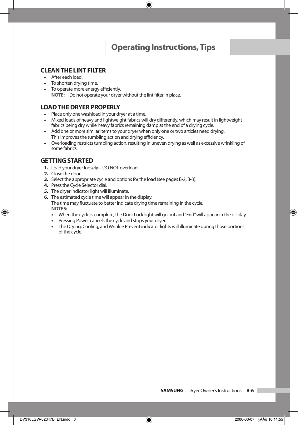 Operating instructions, tips, Clean the lint filter, Load the dryer properly | Getting started | Samsung DC68-02347B-EN User Manual | Page 17 / 28