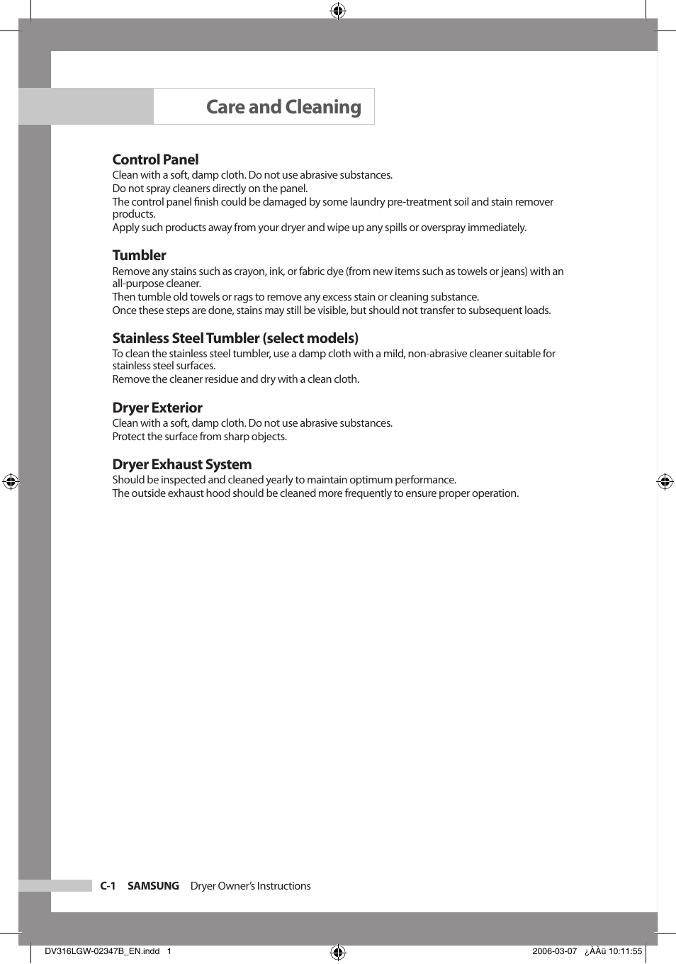 Care and cleaning, Control panel, Tumbler | Stainless steel tumbler (select models), Dryer exterior, Dryer exhaust system | Samsung DC68-02347B-EN User Manual | Page 18 / 28