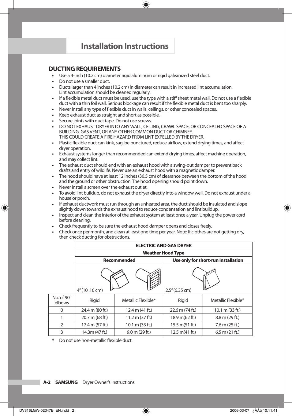 Installation instructions, Ducting requirements | Samsung DC68-02347B-EN User Manual | Page 6 / 28