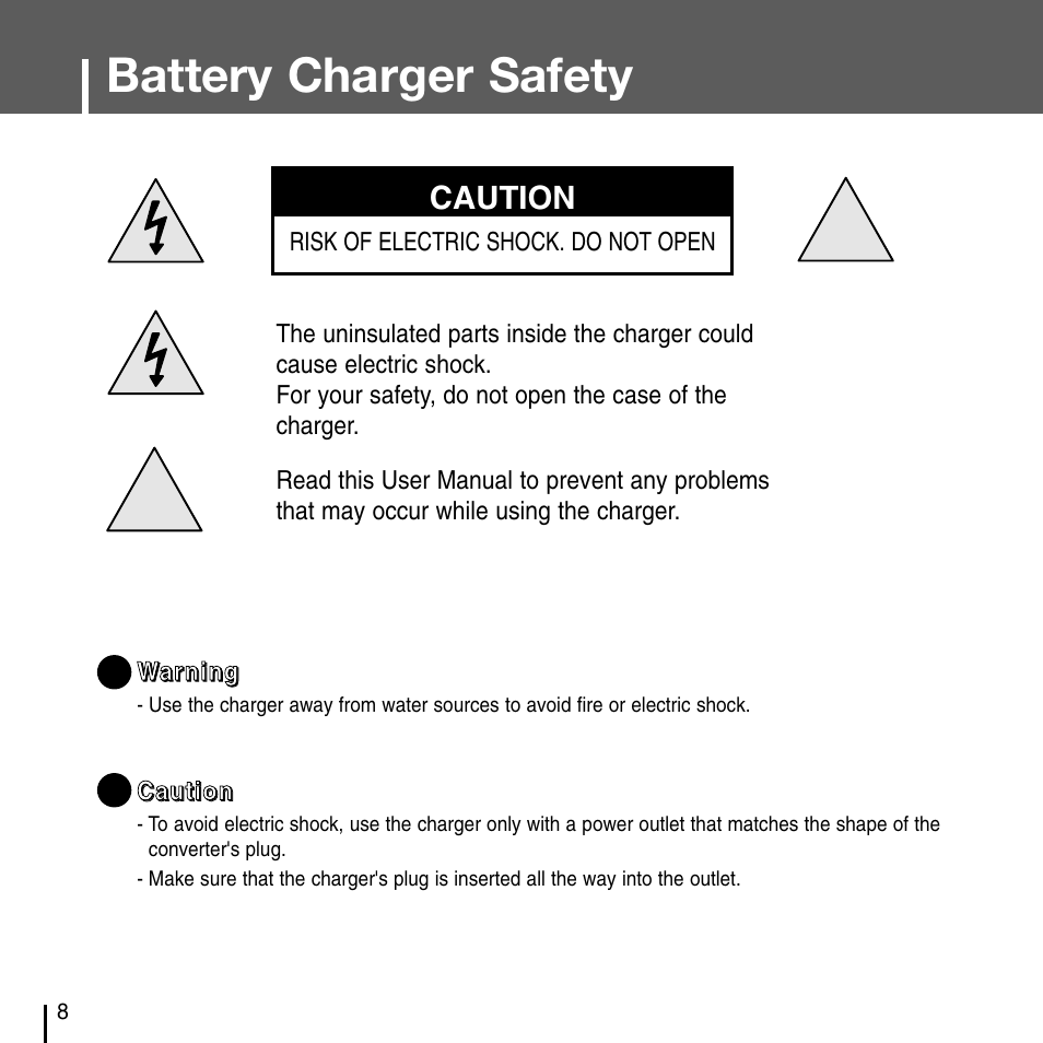 Battery charger safety, Caution | Samsung YH-J70J User Manual | Page 8 / 84