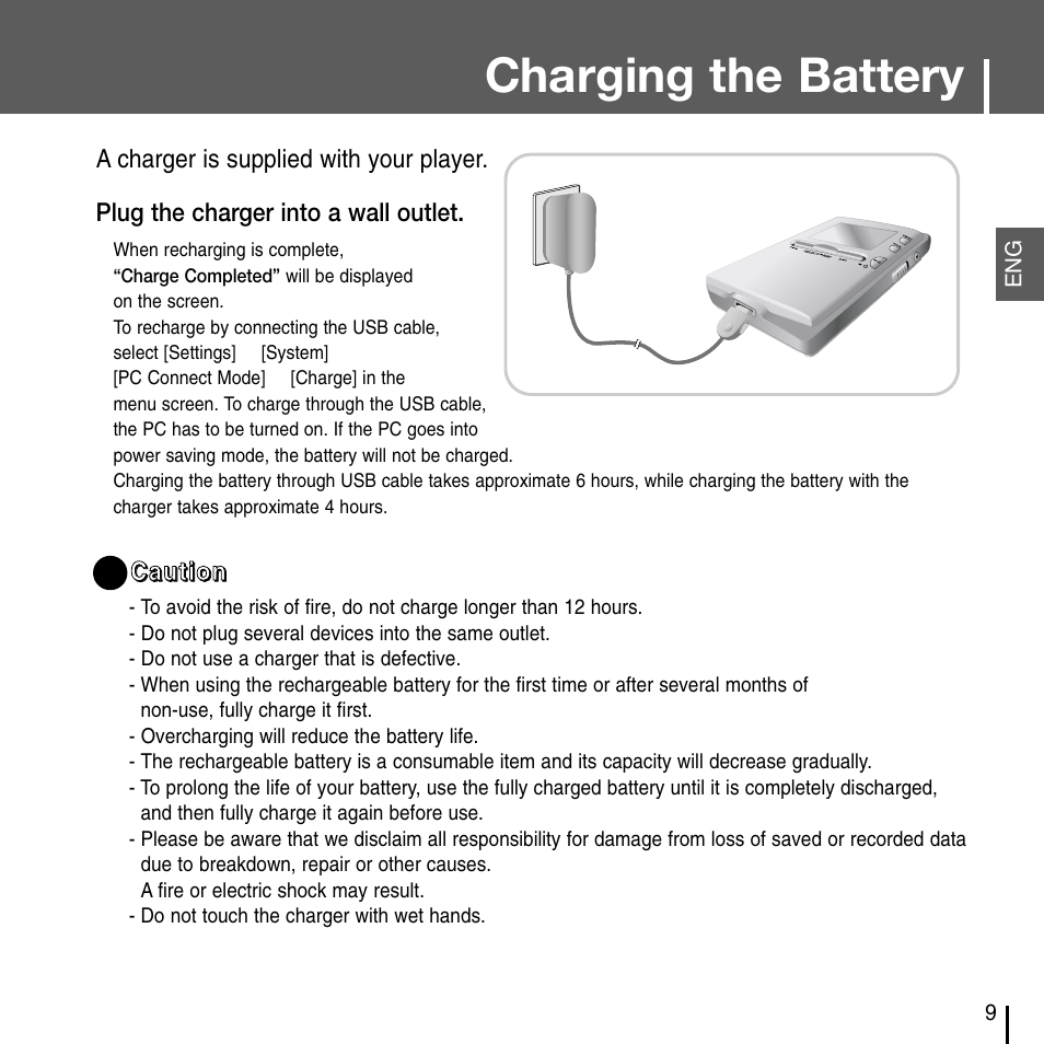 Charging the battery | Samsung YH-J70J User Manual | Page 9 / 84