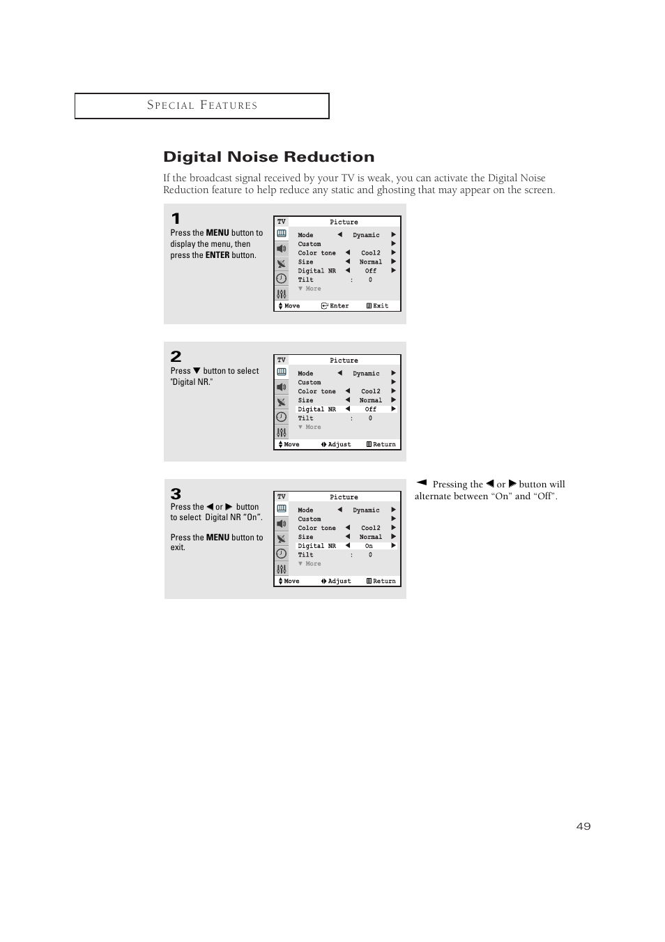 Digital noise reduction | Samsung TXN2771HF/TXN3071WHF User Manual | Page 49 / 80