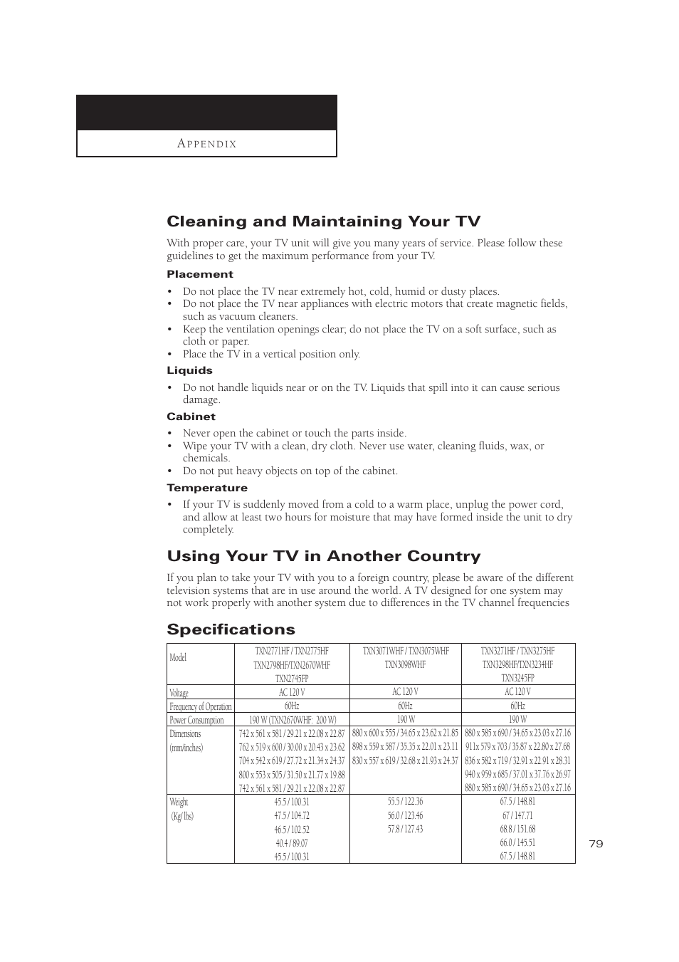 Cleaning and maintaining your tv, Using your tv in another country, Specifications | Samsung TXN2771HF/TXN3071WHF User Manual | Page 79 / 80